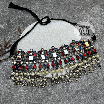 Mirror & Enamel Choker (red&blue)